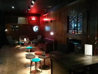 One of the seating areas. That's a Durex sign at the back.
