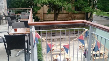 Looking down on things from the first floor balcony.