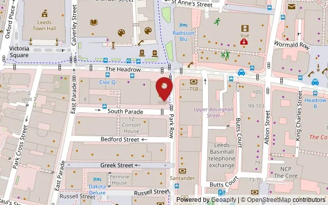 Map showing the location of 1 South Parade, Leeds LS1 5QL