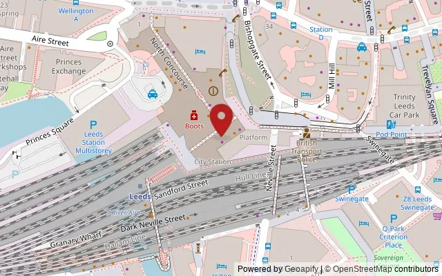 Map showing the location of Leeds Railway Station, Leeds LS1 4DY