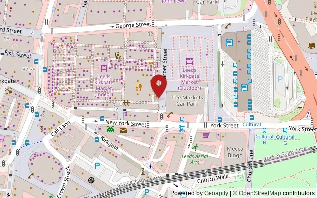 Map showing the location of Leeds Market, 28-34 George St, Leeds LS2 7HY