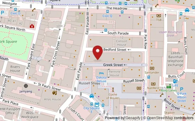Map showing the location of Yorkshire House, Greek Street, Leeds LS1 5SH