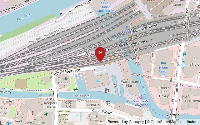 Map showing the location of Arches V & W, The Dark Arches, Granary Wharf, Leeds LS1 4BR