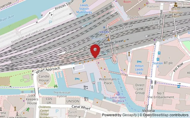 Map showing the location of Granary Wharf, Leeds LS1 4BR