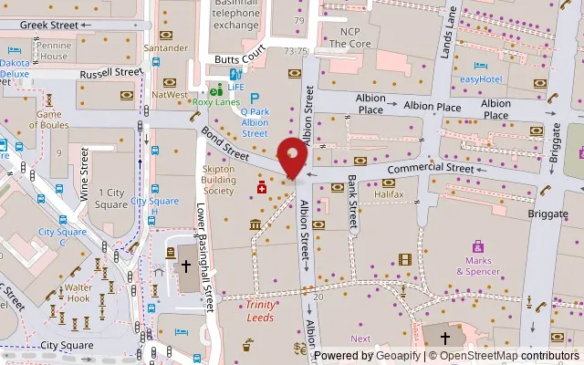 Map showing the location of Trinity Kitchen, Albion Street, Leeds LS1 5AT
